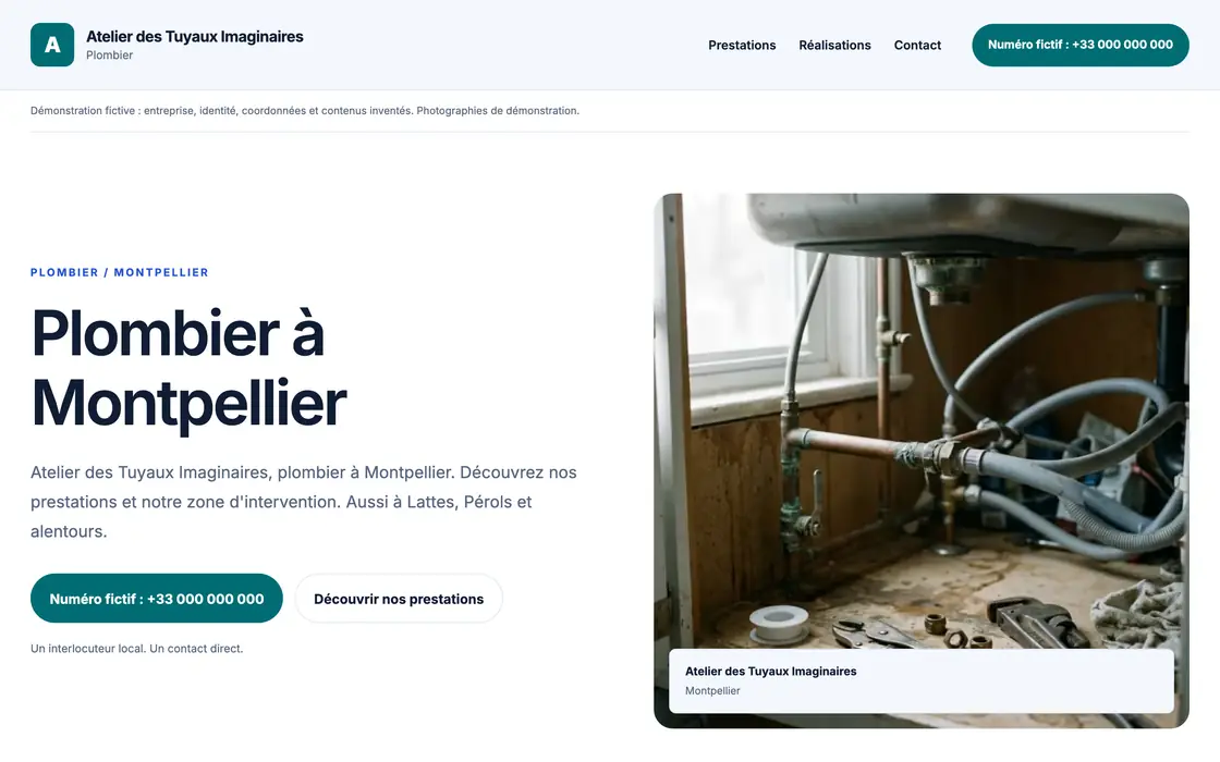 Page d'accueil d'un site généré avec le modèle Clarté pour une entreprise de plomberie fictive